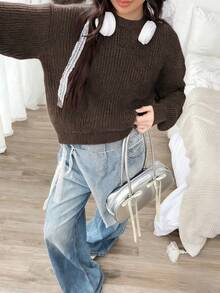 1pc Girls/Teens Casual Loose Comfortable Outdoor Thick Knitted Long Sleeve Sweater, Autumn/Winter - 咖啡棕 - 查看 5