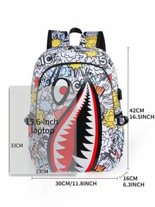 Shark Print Large Capacity Backpack For Teenagers, Minimalist Personalized Casual Daypack, Lightweight Breathable Printed Backpack For Summer, All-Over Random Printed (All Webbing Printed Letters Random) Travel Bag - Multicolor - View 3