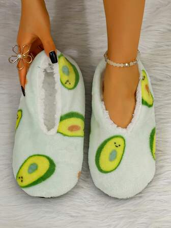 女士冬季室内拖鞋，时尚牛油果图案，保暖休闲家居鞋