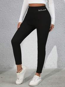 Women's Fleece Lined High Waist Leggings Winter Warm Thickened Stretchy Pants With Fashion Leather Label,Fleece Lined Leggings With Pockets - Warm High Waisted Yoga Pants For Winter Outdoor/Everyday,Warm Fleece Lined Leggings With Side Pockets - High Waisted Tummy Control Pants For Fall/Winter - 黑色 - 查看 5