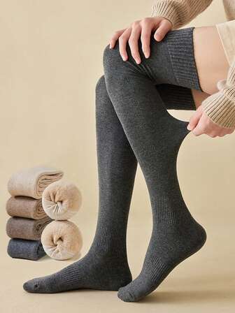 新款秋冬高腰显瘦中筒袜，女士加厚保暖纯色过膝袜，家居时尚舒适保暖袜