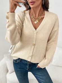 Women's Casual Cute Elegant Heart Gold Button Open Front Solid Color Drop Shoulder Knitted Sweater Cardigan Top Long Sleeves Daily Wear Office Work Streetwear Date Night Outfits Cardigan Fall Winter Going Out Outfits Clothes Christmas Thanksgiving