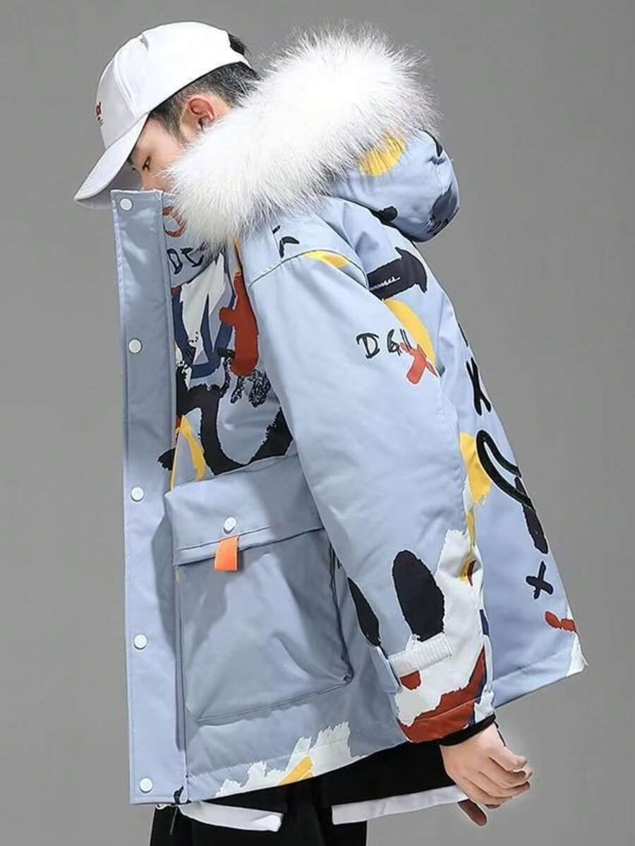 Winter Fur Collar Cotton Jacket, Men's And Women's Thick Warm Bread Jacket, Graffiti Contrasting Color Personality, Medium Long Warm And Cold Resistant Couple Cotton Jacket - Màu xanh lam - Xem 1