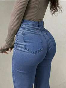 High-Waisted Slim Fit Solid Color Cone-Cut Women's Jeans, Elastic Waist, Casual & Versatile - 中等水洗藍 - 查看 5