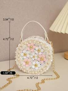 1pc Girls Floral Cute Shoulder Bag, Zipper Closure Small Round Crossbody Bag - Beige - View 4