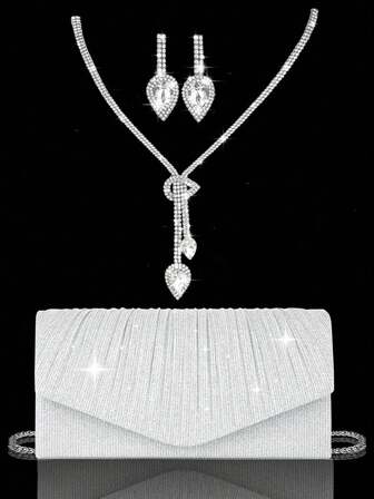 Bolso de mano de banquete con pliegues brillantes, bolso sobre con forma de V, bolso de mano de banquete cartera, conjunto de joyas de lujo con rhinestones brillantes para mujeres, conjunto de collar y aretes brillantes, adecuado para mujeres, novias, estudiantes universitarias, muy adecuado para fiestas, vestidos de novia, cenas, fiestas, bailes