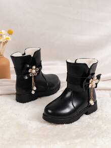 Girls' Boots Winter New Fashion Floral Rhinestone Cute Snow Boots Mid-Calf Boots Thick Warm Insulated Waterproof Outdoor Boots For Little Girls - Black - View 4