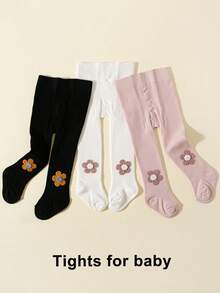 3pcs Baby Girls Floral Decor Solid Color Leggings, Suitable For Daily Matching - Multicolor - View 8
