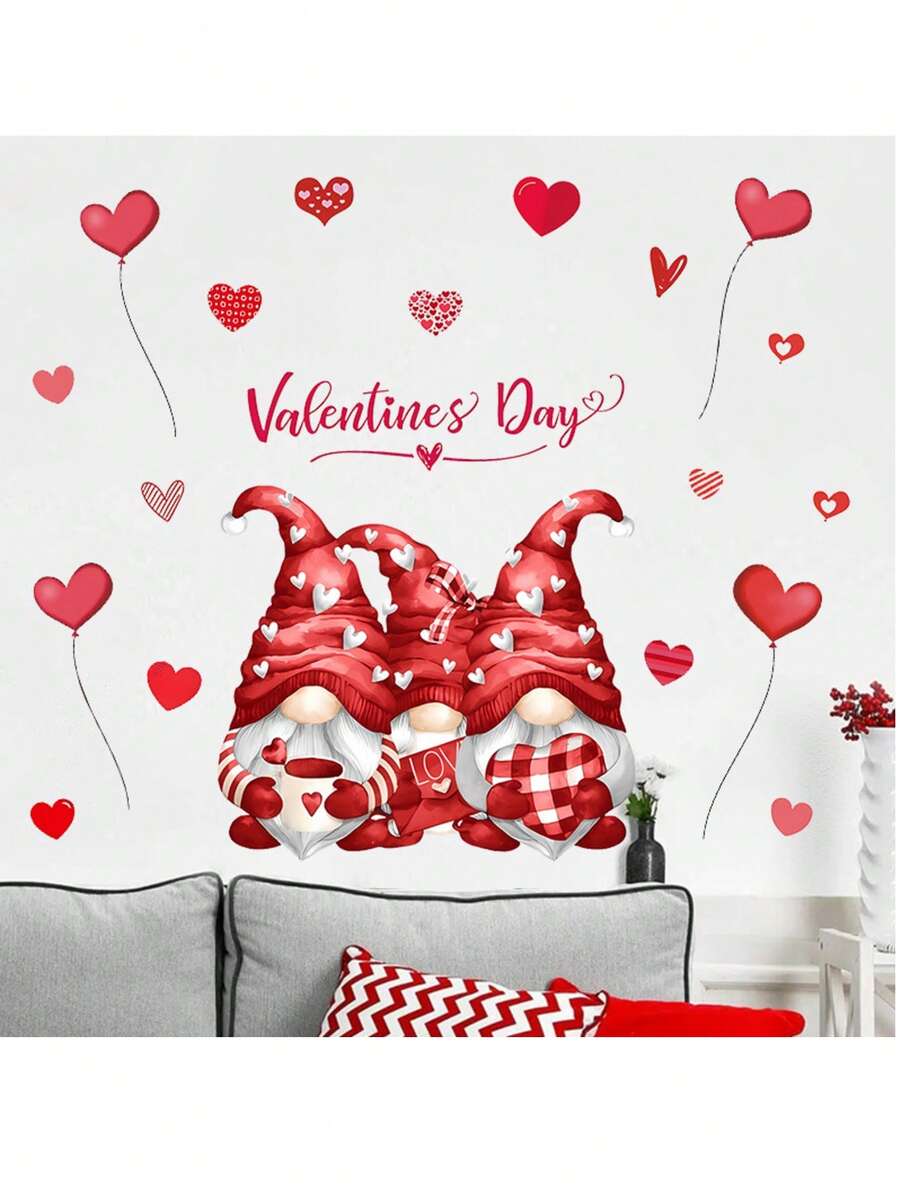 40*30cm Vintage Cupid Gnome Heart Shaped Valentine's Day Party Decor Wall Sticker, Cartoon Atmosphere Window Decal - Multicolor - View 1