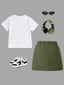 Young Girl Cartoon Print Round Neck Short Sleeve Top And Skirt Set - White - View 3