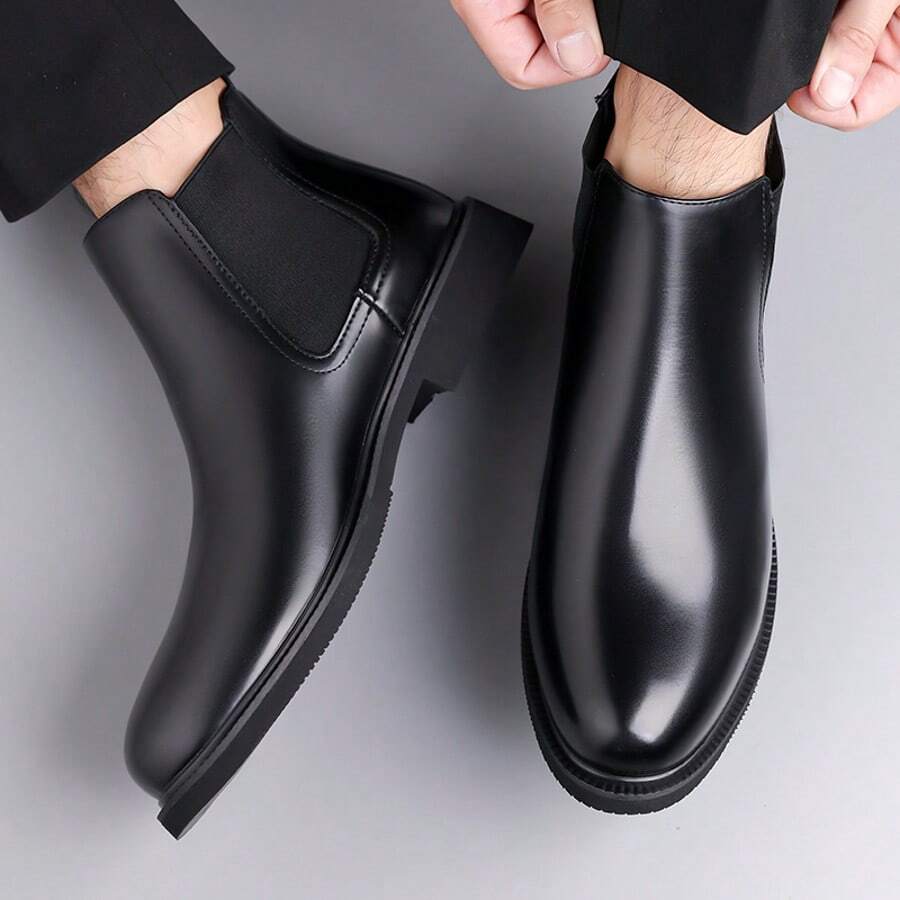 Men's Chelsea Boots, Casual Vintage Fashion Black Boots Slip On Vintage British Style All-Match Short Boots,New High-Top Motorcycle Boots, Versatile Casual Shoes, Korean Style, British Fashion Leather Shoes,Four Seasons - 黑色 - 查看 1