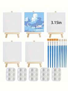 25pcs Mini Canvas Painting Set With Easel, Brushes And Palette - Complete Artist Kit, Includes 5 Wooden Easels And 5 Panels (4x4 Inches), 10 Nylon Hair Brushes, 5 Palettes - Great For Beginners - Multicolor - View 14