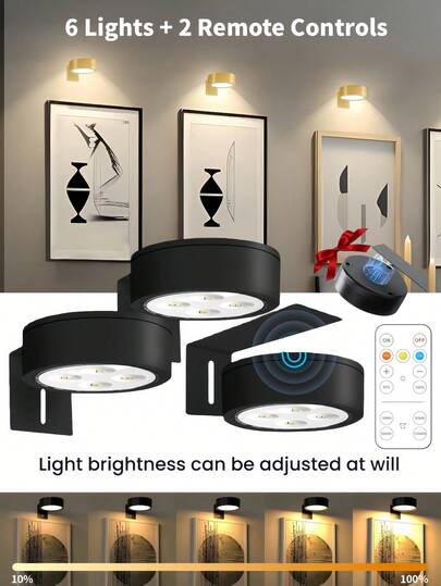 1/3/6 pièces Lumière murale en métal sans fil alimentée par batterie pour Noël, Lumière murale, Guirlandes lumineuses, Lampes, Veilleuse avec lampe murale sans fil magnétique - Température de couleur réglable, Minuterie, Télécommande et Contrôle par pression