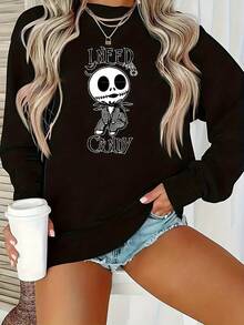 Nightmare Before Christmas Women's Sweatshirt - Tim -Inspired  & Sally Graphic, Cozy Fall Winter Pullover, Casual Crewneck Sweater For Fans, Long Sleeve Round Neck, Machine Washable, Officially Licensed, Perfect For Working, Shopping & Home Wear, Themed Outfit Accessory - 黑色 - 查看 1