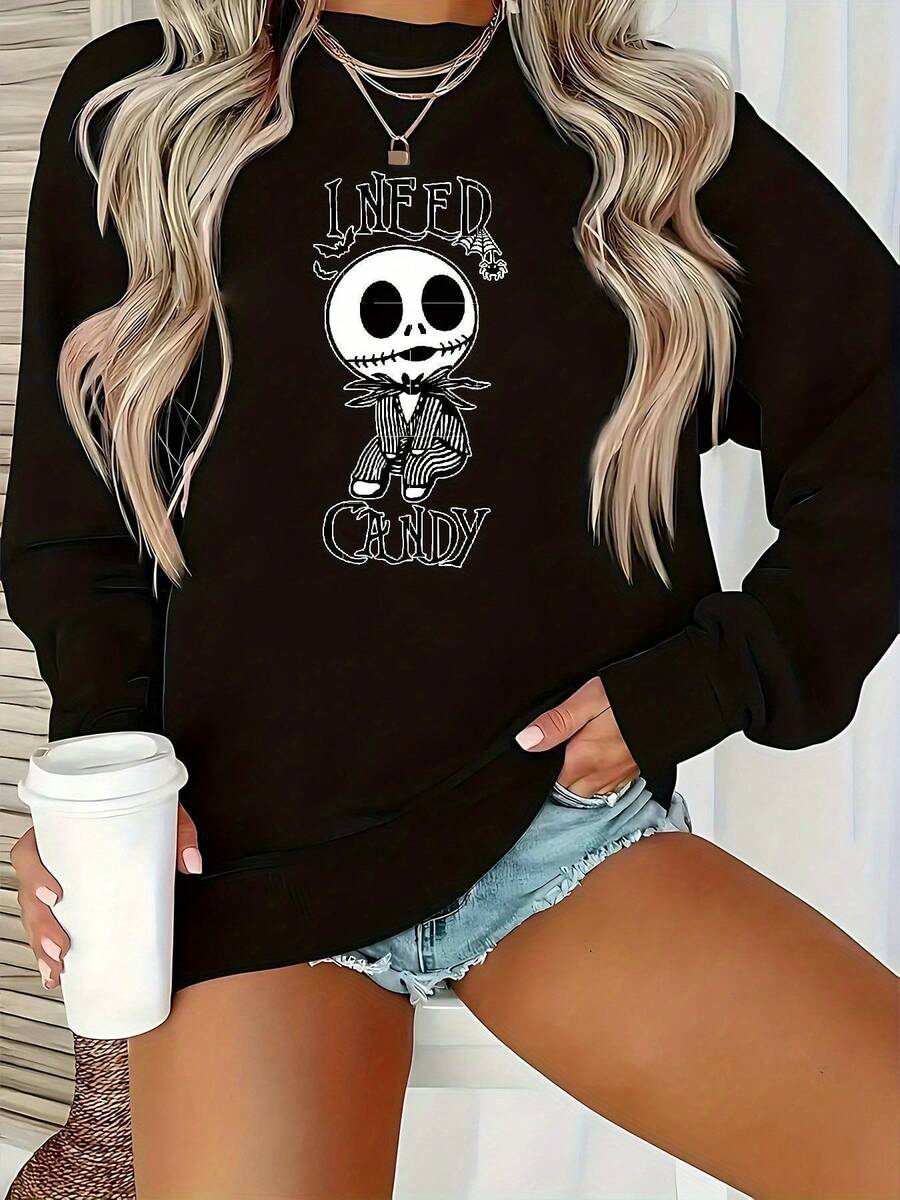 Nightmare Before Christmas Women's Sweatshirt - Tim -Inspired  & Sally Graphic, Cozy Fall Winter Pullover, Casual Crewneck Sweater For Fans, Long Sleeve Round Neck, Machine Washable, Officially Licensed, Perfect For Working, Shopping & Home Wear, Themed Outfit Accessory - 黑色 - 查看 1