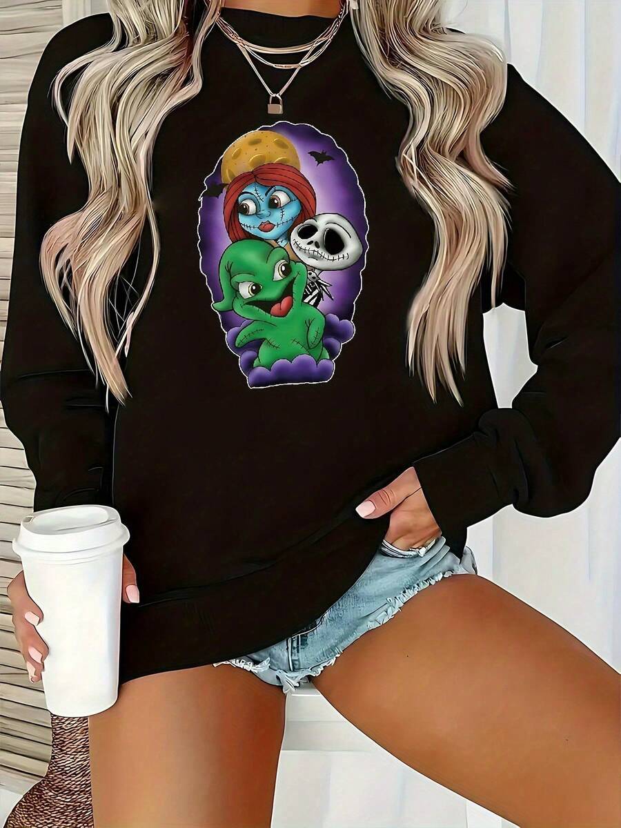 Nightmare Before Christmas Women's Sweatshirt - Tim -Inspired  & Sally Graphic, Cozy Crewneck Pullover For Fall/Winter, Casual & Themed Events, Officially Licensed Apparel, Soft Round Neck Sweatshirt With Nightmare Before Christmas Characters, Machine Washable, Perfect For Home, Work, Or Shopping - 黑色 - 查看 1
