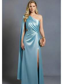Bridesmaid Dress For Graduation Guests With Cape Sleeves In Satin Trilobal, Fuchsia, Olive Green Or Terracotta - Baby Blue - View 1