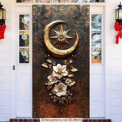 2D Polyester Ramadan Door Banner 1pc Golden Crescent Moon, Star - Shaped Ornament And Exquisite White Flowers Wall Art Eid Al-Fitr Photo Props And Supplies, Suitable For Muslim Ramadan And Eid Al-Adha Celebrations, Islamic-Themed Holiday Decorations