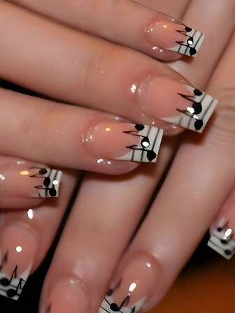 24片长方形白色边框优雅法式钢琴音符美甲贴片套装，包含1管果冻胶和1把指甲锉。适合派对、舞会或日常佩戴。