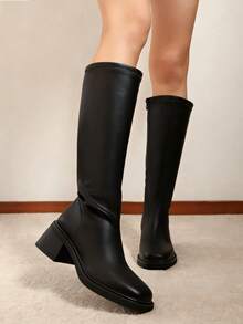 New Autumn/Winter Brown Over-The-Knee Chunky Heel Slim Boots, Classic Black Mid-Calf Riding Boots, Fashion Tall Boots For Women,Party - 黑色 - 查看 4