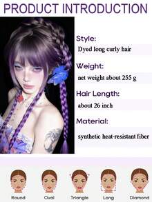 26 Inch Purple Gradient Long Curly Hair Wig With Bangs Lolita Wig Synthetic Heat-Resistant Fiber Wig Suitable For Ladies Halloween Christmas Role-Playing Party Ball To Wear - Multicolor - View 8