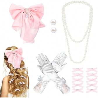 14 Count  Hair Accessories Princess  Bow Hair Clips  Theme Party Favors  Party Accessories For Women Ribbon  Necklace Earrings White Gloves For Women