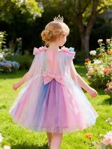 Vestido de princesa con decoración de lazo rosa dulce para niñas, vestido de encaje y parches de manga corta con degradado arcoíris de moda para niñas pequeñas, regalo del 1er cumpleaños del bebé, chal ligero y transparente, vestido de fiesta con decoración de flores 3D de malla de tul para niñas, adecuado para uso diario, fiestas, festivales y eventos escolares - Rosa Pálido - Ver 5