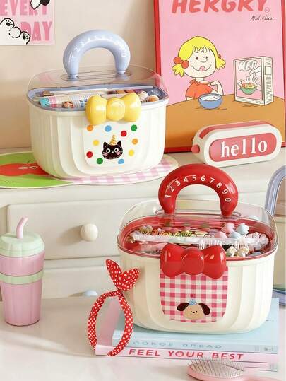 1pc Desktop Large Capacity Cartoon Dual-Layer Divided Jewelry Box, Multifunctional Handheld Storage Box For Hair Clips & Accessories (Requires Self-Assembly After Receiving)