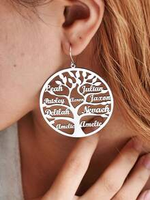 Personalized Family Tree Name Hoop Earrings,Custom Family Names Earrings,Personalized Christmas Tree Of Life Earrings,Women's Jewelry,Exaggerated Custom Hoops,Multiple Names Earring,Custom Hoop,Fashion Christmas Gifts, Gifts For Family Members - Silver - View 3