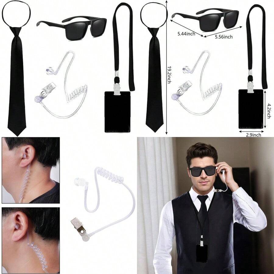 4 Piece Men's In Black Costume Set Agent Security Costume Accessories With Sunglasses Tie Card Holder Headphones Tube For Men Women Cosplay - As Pic - View 1