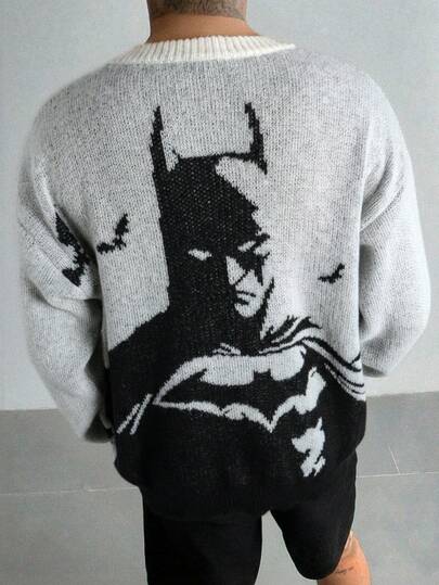 Warner Bros Jersey de cuello redondo de manga larga con estampado de jacquard de Batman, corte holgado y casual, estilo urbano, adecuado para otoño e invierno