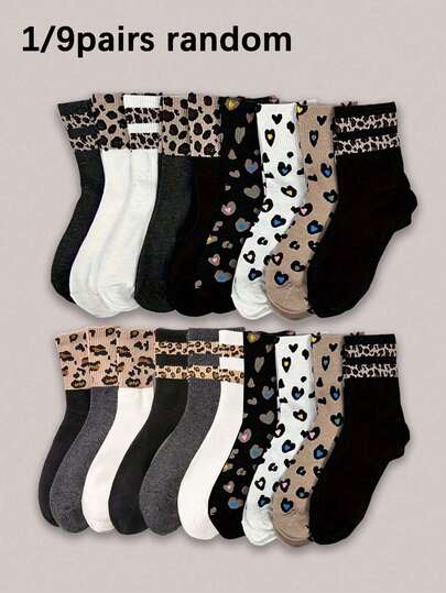 1/9 pares de meias femininas aleatórias com estampa de leopardo e coração, cano médio, estilo minimalista, casual, único, vintage, perfeito para o dia a dia.