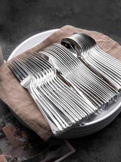 100pcs Silver Cutlery Set, Including Heavy Duty Dessert Forks, Knives And Spoons, 50pcs Forks, 25pcs Knives And 25pcs Spoons, Suitable For Parties, New Year Gatherings And Engagements
