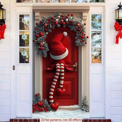 2D Valentine's Day Door Banner 1pc Festive Christmas - Themed Door Decor With Santa Hat And Candy - Cane Legs For Indoor/Outdoor Party Decor, Anniversary Party Supplies,Valentine's Day,2D Flat,Polyester,Notmulti-Layer Or Real Model