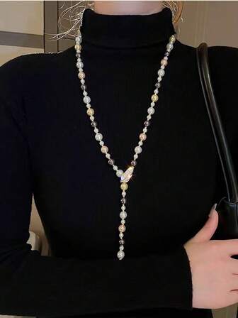 1件可调节珍珠毛衣链项链，优雅高端女士颈链，秋冬季