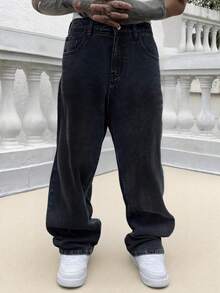 斜插口袋棉质直筒牛仔裤，个性百搭宽松直筒水洗牛仔裤，情侣款直筒宽松 - 黑色 - 查看 3