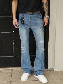 Men's Slim Fit Stretch Washed Distressed Flared Jeans, All Season - Blue - View 8