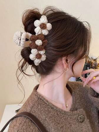 1 pieza Elegante pinza de pelo con flores tejidas, pinza de pelo de alta calidad adecuada para uso diario, casual, fiesta, ir al trabajo, vacaciones, lavarse la cara, maquillaje, combinar con atuendos, accesorios de invierno para el cabello, pinza de cabello casual