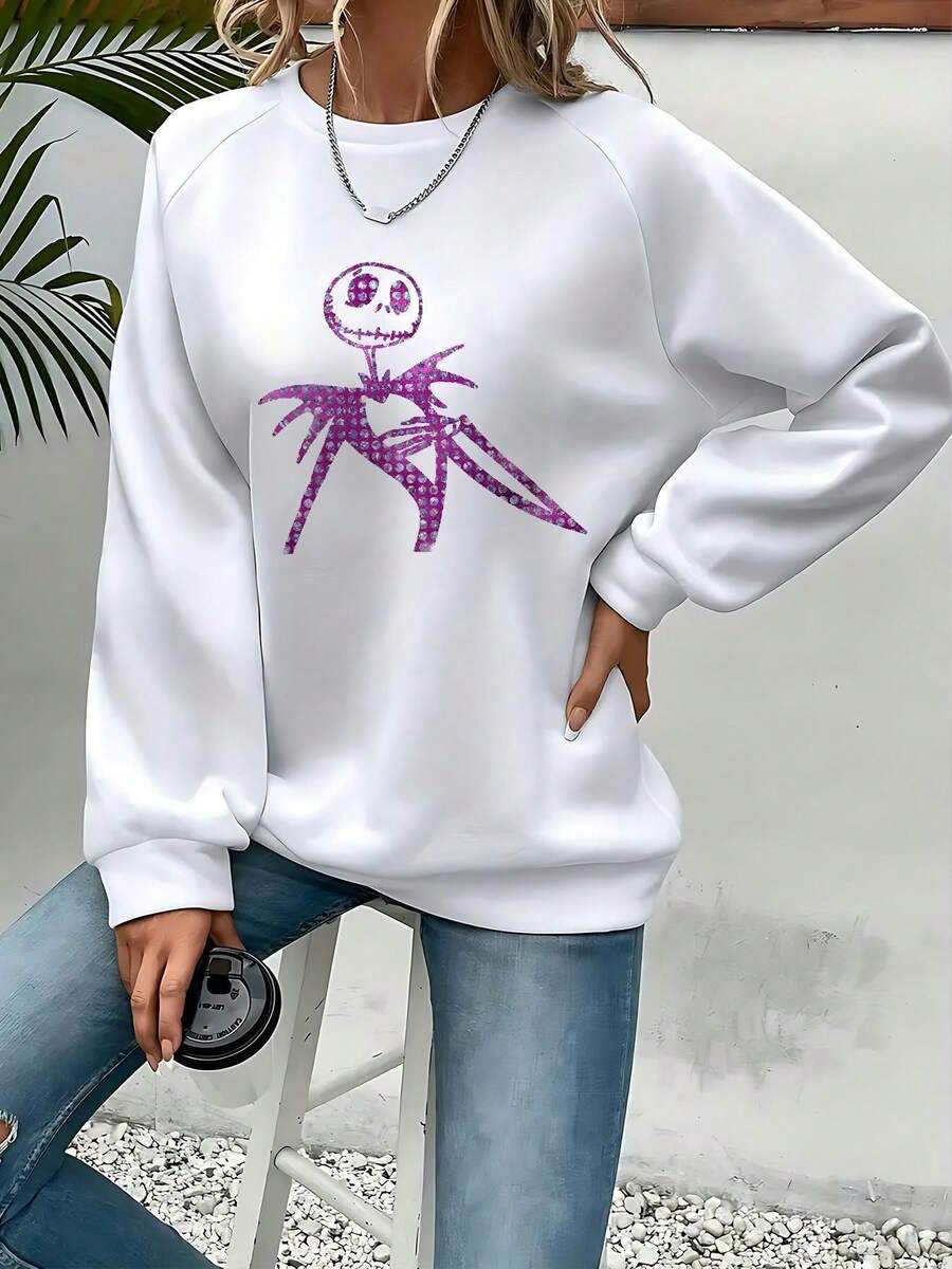 Nightmare Before Christmas Women's  Graphic Sweatshirt - Purple Cartoon Character Pullover, Cozy Round Neck Casual Sweater For Fall Winter, Halloween & Christmas Outfits (Machine Washable) - 白色 - 查看 1