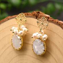 Baroque Natural Pearl Earrings Silver Needle Studs Niche High-End Vintage Long Women's Retro Jewelry - 復古祖母綠珍珠包邊耳環 - 查看 12