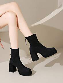 Women's Round Toe Platform Ankle Boots, Versatile Thick Sole Fashion Chunky Heel Short Boots With Back Zipper, Autumn/Winter - Black - View 5