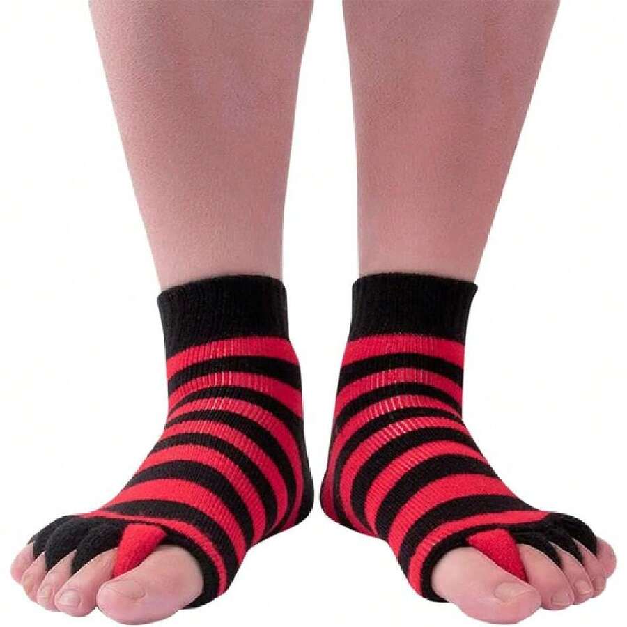 Women Toe Separator Socks Toeless Foot Alignment Socks For Yoga GYassage Pain Relief Improves Circulation Stretchy,28194486 - Đen và trắng - Xem 1