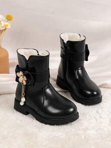 Botas de invierno para niñas Nuevas botas de nieve con perlas y flores de princesa Botas medianas Botas gruesas y cálidas forradas de peluche para niñas pequeñas - Negro - Ver 2