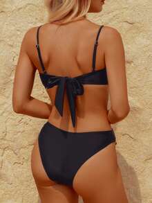 wohenmeili Solid Color Spaghetti Strap Scorpion Decor Clasp Coordinated Summer Beach Bikini Set Vacation Black - Black - View 7