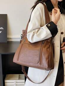 1 件复古大容量手提包，复古 PU 单肩斜挎包，女士休闲手提包和钱包 - 棕色 - 查看 5