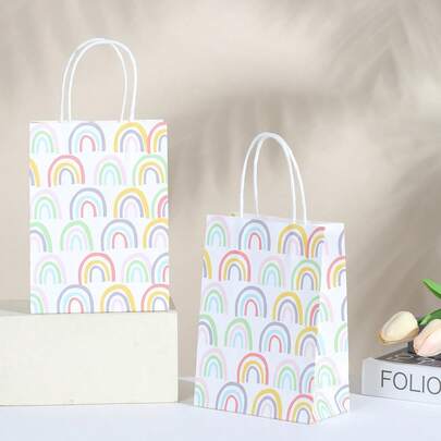5个/包派对礼品纸袋 - 8.26x5.9x3.15英寸 彩虹图案彩色印花牛皮纸礼品袋，包装糖果袋，婚礼，派对回礼及用品，情人节