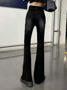 女式休闲喇叭牛仔裤，带口袋 - 黑色 - 查看 2