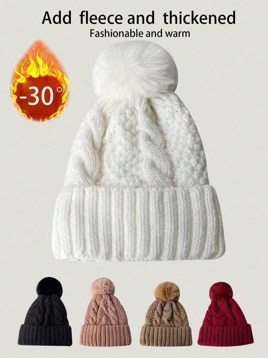 Damen warme gestrickte Mütze mit großem Fellbommel, einfarbig, vielseitig, dick gefüttert, geeignet für Outdoor-Radfahren, modisch personalisiert, lässig elegant im Retro-Street-Style, Polyester, Herbst Winter Halloween