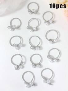 10pcs Sweet & Cool Silver Bowknot Elastic Hair Ties, Pearl Thumb Hair Rings, Cute Korean Style Hair Scrunchies, Non-Damaging Ponytail Holders, Fashion Hair Accessories For Girls, Daily & Party - Silver - View 12