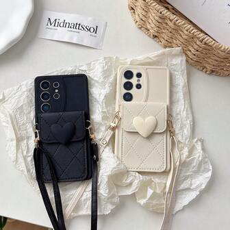 适用于三星 Galaxy S26、S25、S24、S23、S22、S21 Ultra、S26、S25、S23、S24、S22、S21 Plus、S21、S23、S24、S25 FE、A56、A55、A54、A53、A52、A34、A35、A36、A25、A26、A14、A15、A16、A17 以及 17 Air、16/15/14 Plus、17/16/15/14/13/12/11 Pro Max 的 3D 可爱爱心斜挎卡包手机壳